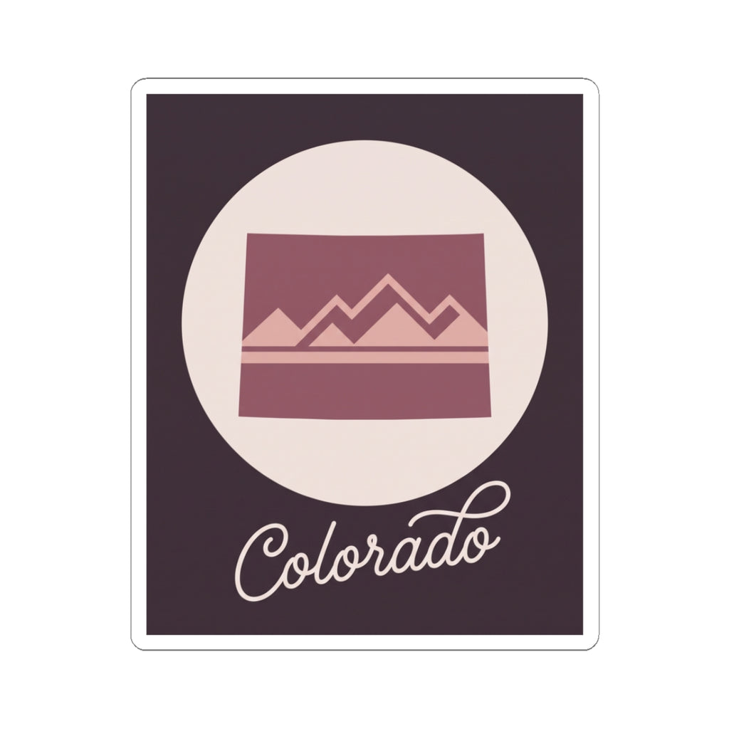 Colorado mauve silhouette vinyl sticker with landscape icon and “Colorado” script text
