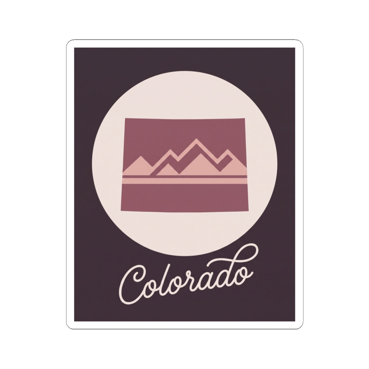 Colorado mauve silhouette vinyl sticker with landscape icon and “Colorado” script text