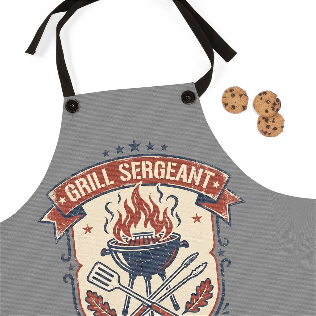 Gray BBQ apron front with flame grill retro badge and black strap ties