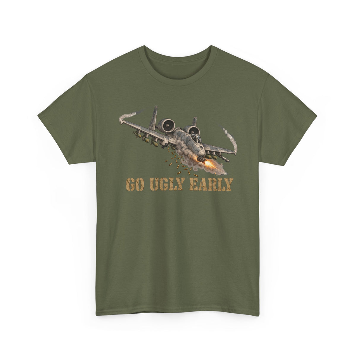 Olive green jet attack graphic T-shirt with “Go Ugly Early” text and aircraft illustration.