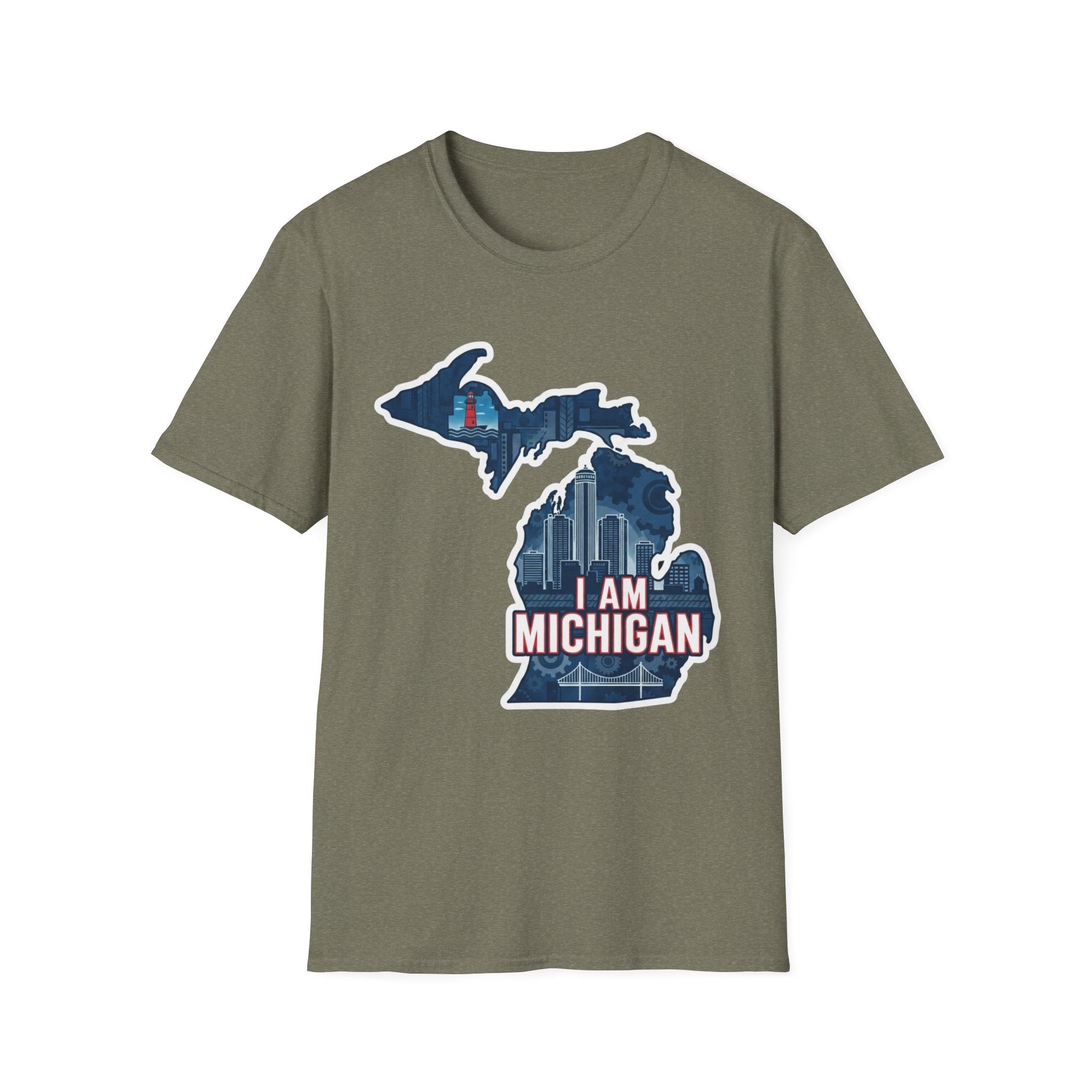 I Am Michigan T-shirt, olive crew neck with Michigan map skyline graphic