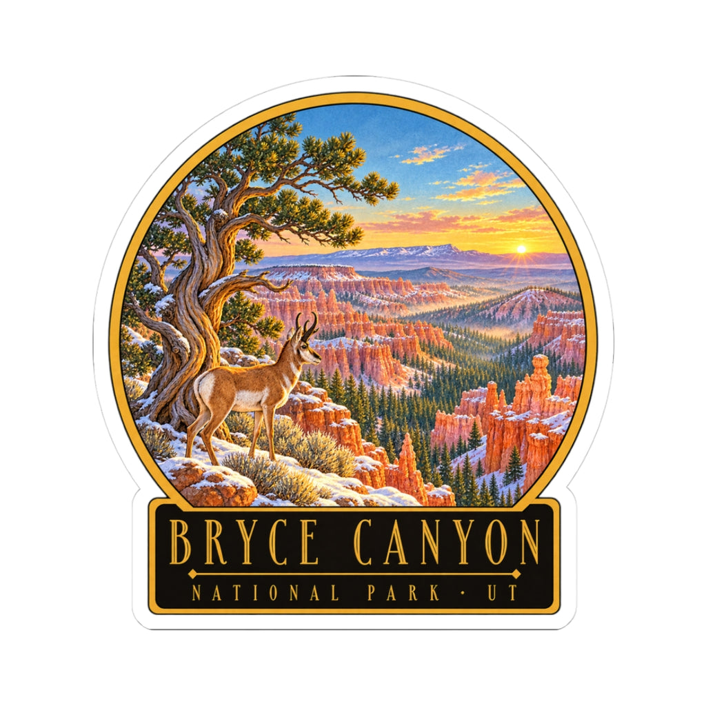 Round landscape sticker with pronghorn, pine tree, sunset canyon scene and park lettering