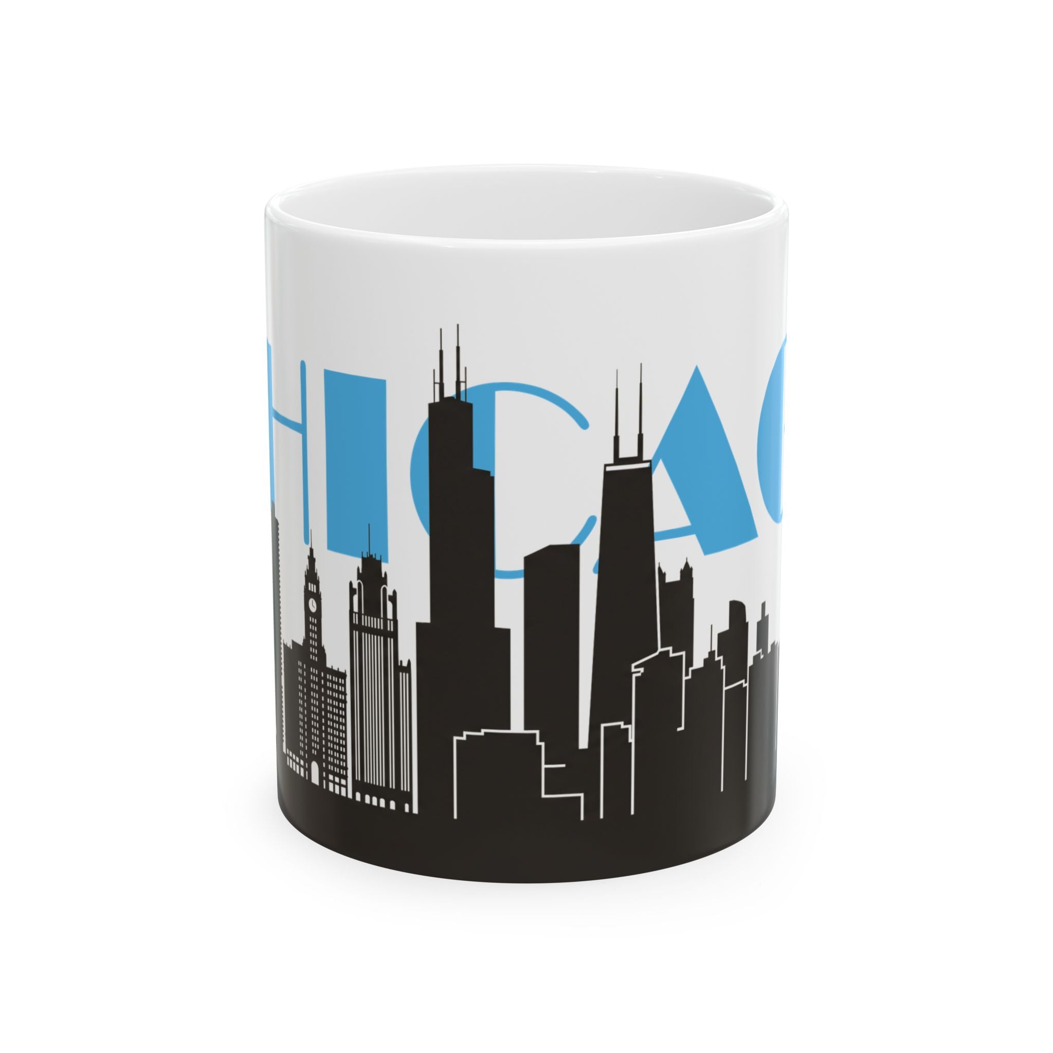 White ceramic mug with black Chicago skyline and blue skyline design