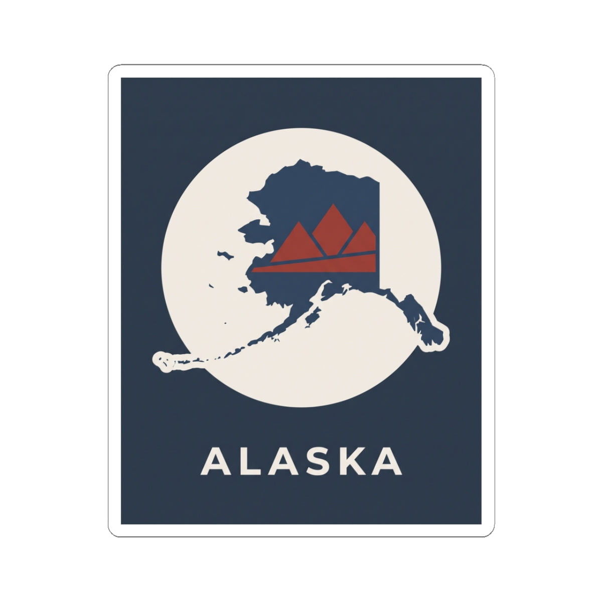 Alaska map badge sticker with retro mountain in red and navy on cream circle