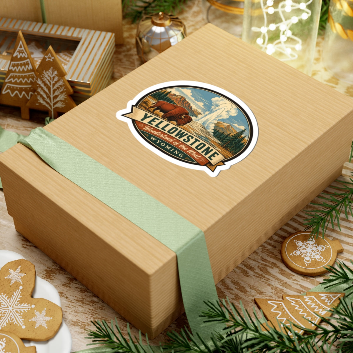 Yellowstone travel sticker on a gift box; round design with bison, geyser, and Wyoming