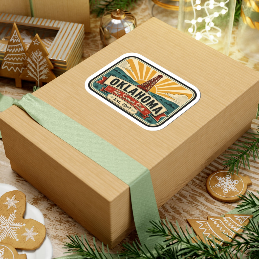 Oklahoma oil derrick vinyl decal sticker on gift box lid with ribbon and 'Est. 1907'