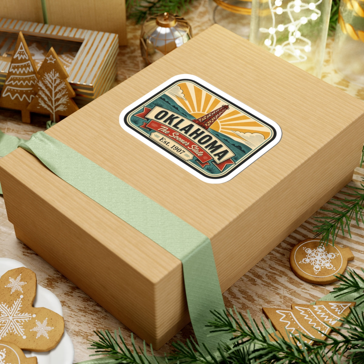 Oklahoma oil derrick vinyl decal sticker on gift box lid with ribbon and 'Est. 1907'
