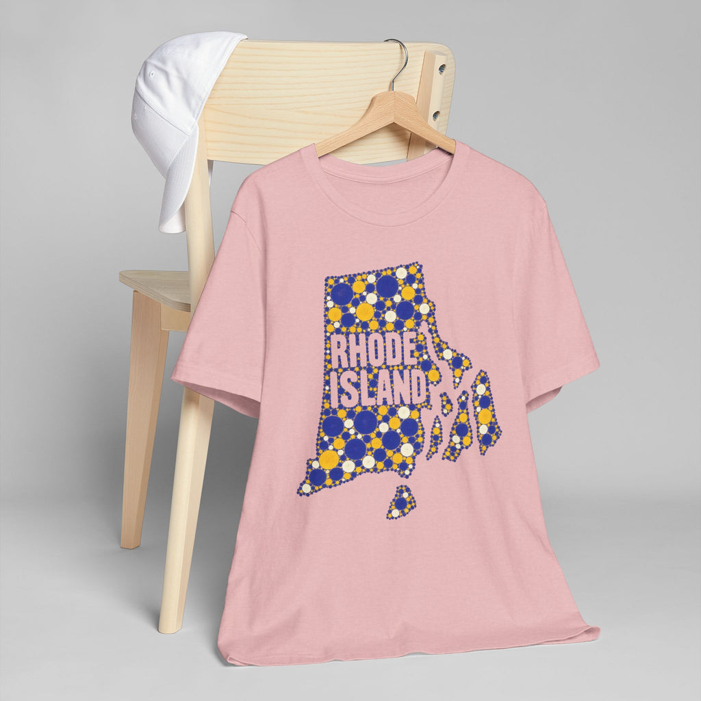 Pink crew-neck T-shirt with blue and yellow dotted Rhode Island state outline graphic.