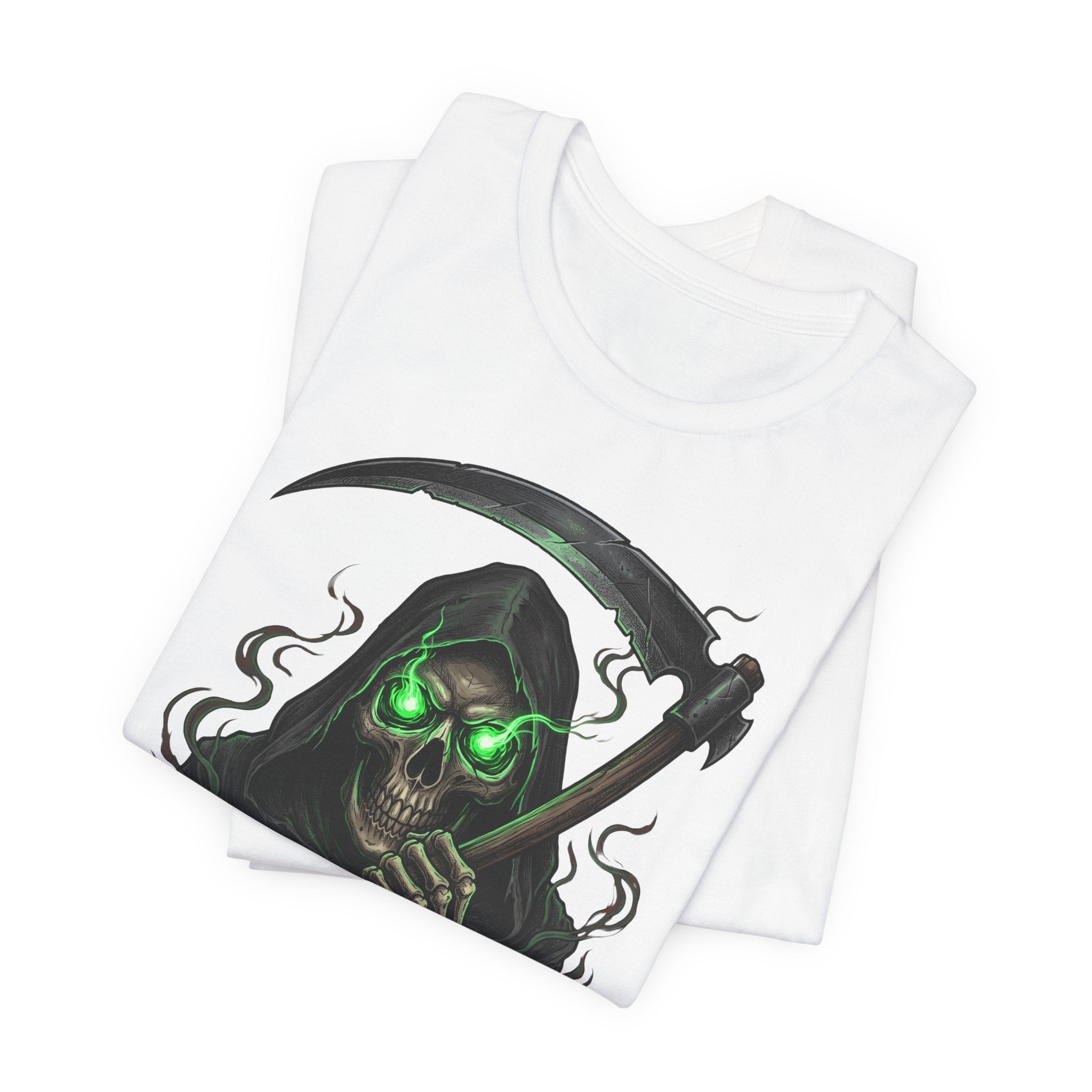 White T-shirt showing partial neon green skull and scythe graphic on front