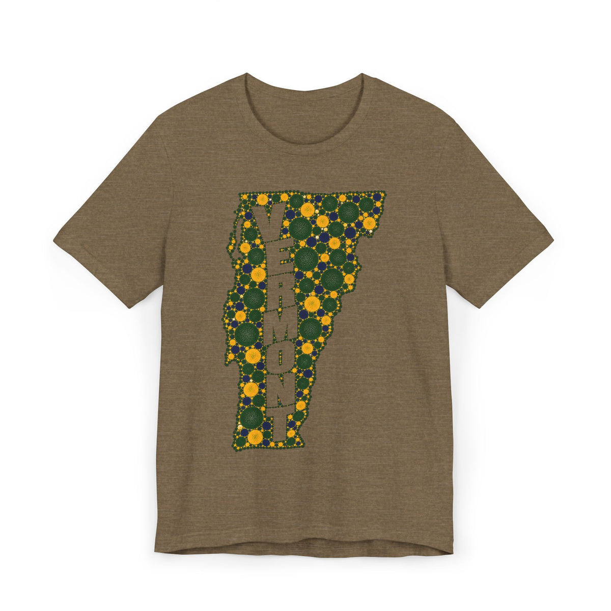 Brown T-shirt with multicolor floral Vermont outline and VERMONT text graphic.