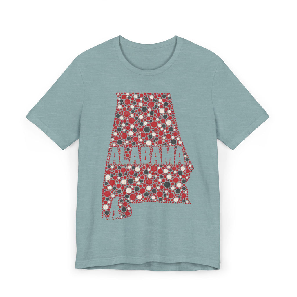 Blue-green Alabama graphic T-shirt with red dotted state outline and “ALABAMA” text