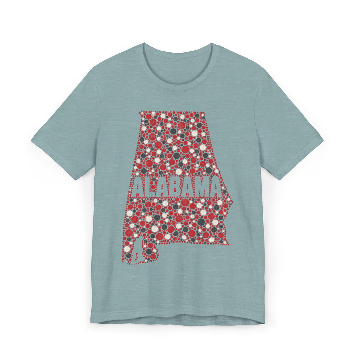 Blue-green Alabama graphic T-shirt with red dotted state outline and “ALABAMA” text