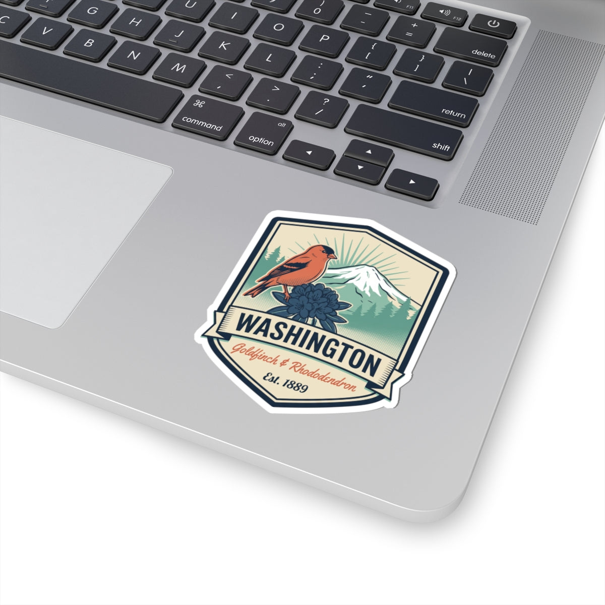 Washington vintage badge sticker with orange bird, mountains, and blue flower, kiss-cut vinyl