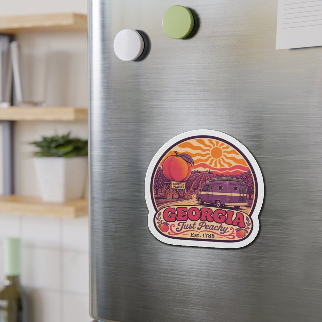 Die-cut Georgia van fridge magnet with peach illustration and bold “GEORGIA” text