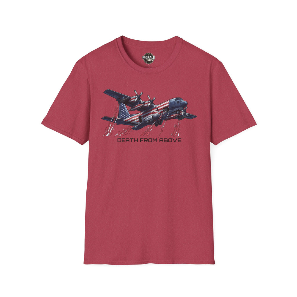 DEATH FROM ABOVE C-130 T-shirt, burgundy, front airplane graphic with flag