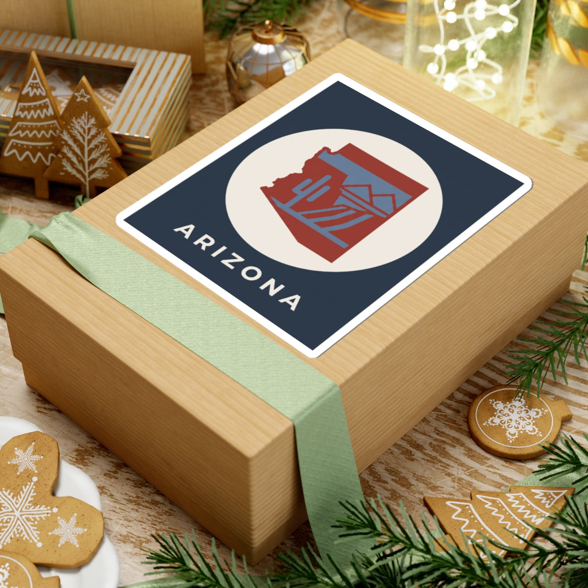 Arizona sticker on wrapped box, square label with cactus desert icon and “ARIZONA”