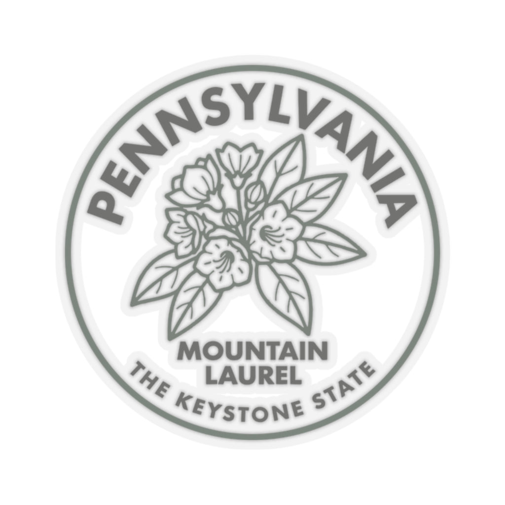 Transparent vinyl state flower sticker, circular Pennsylvania Mountain Laurel emblem in gray