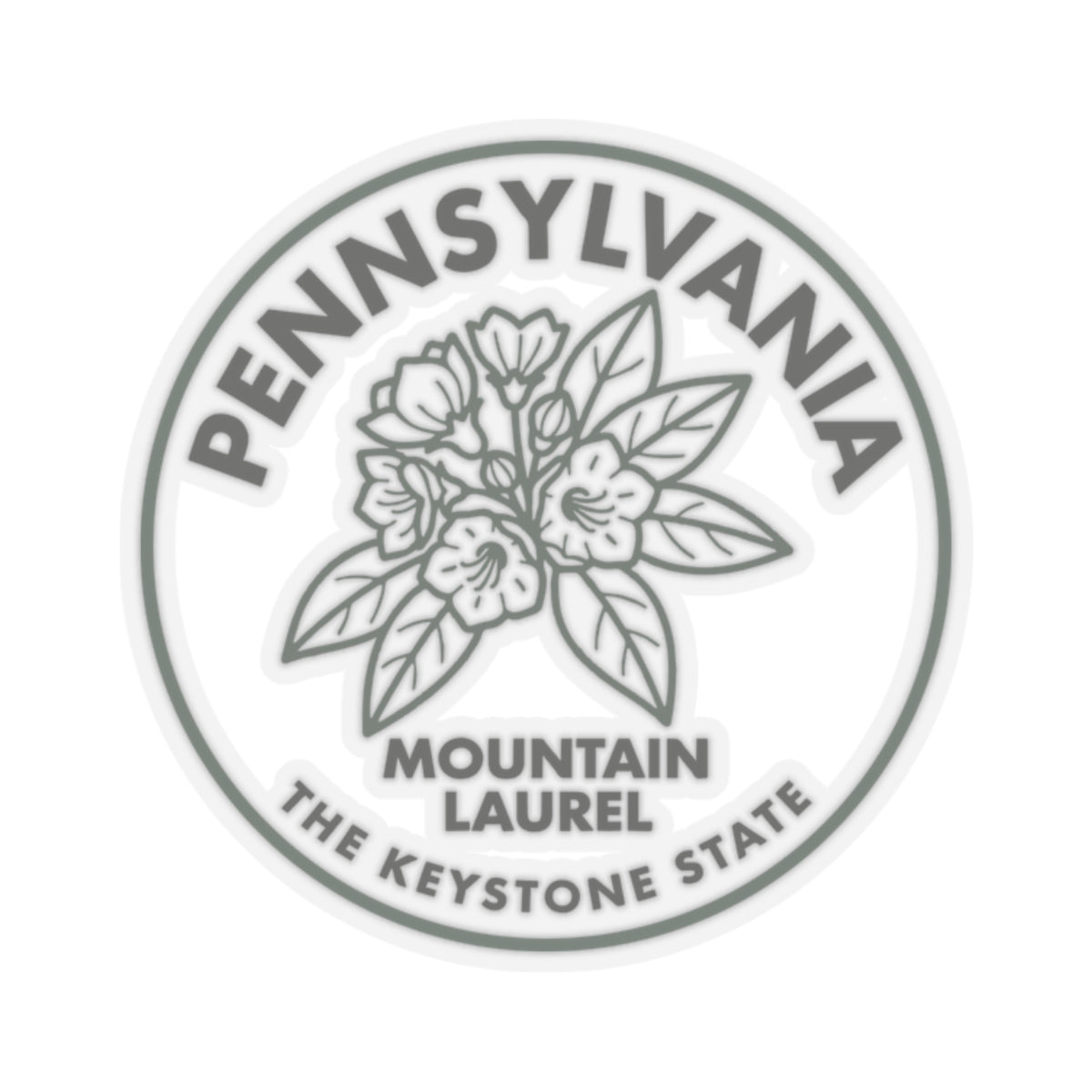 Transparent vinyl state flower sticker, circular Pennsylvania Mountain Laurel emblem in gray