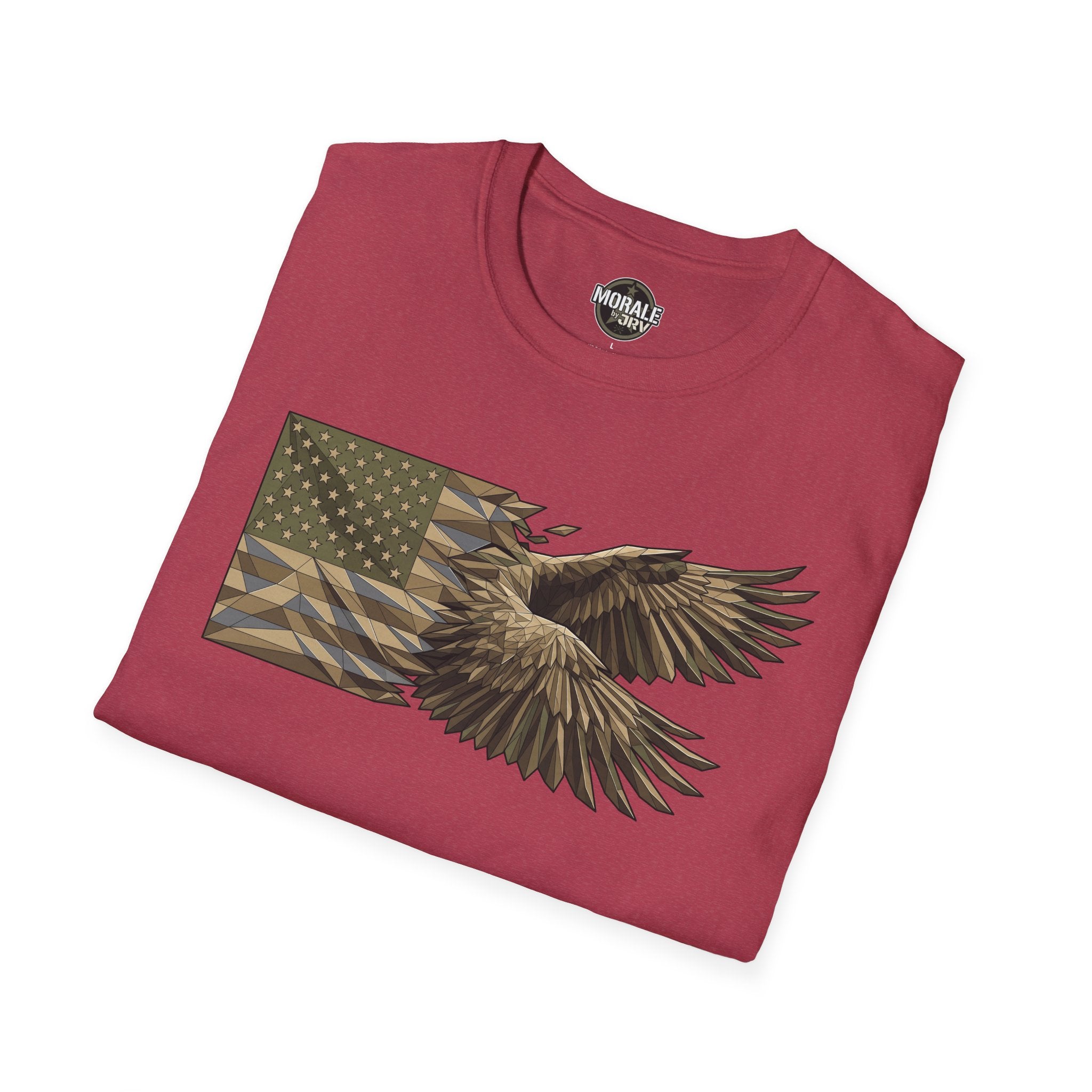 Maroon T-shirt with geometric bald eagle and U.S. flag graphic