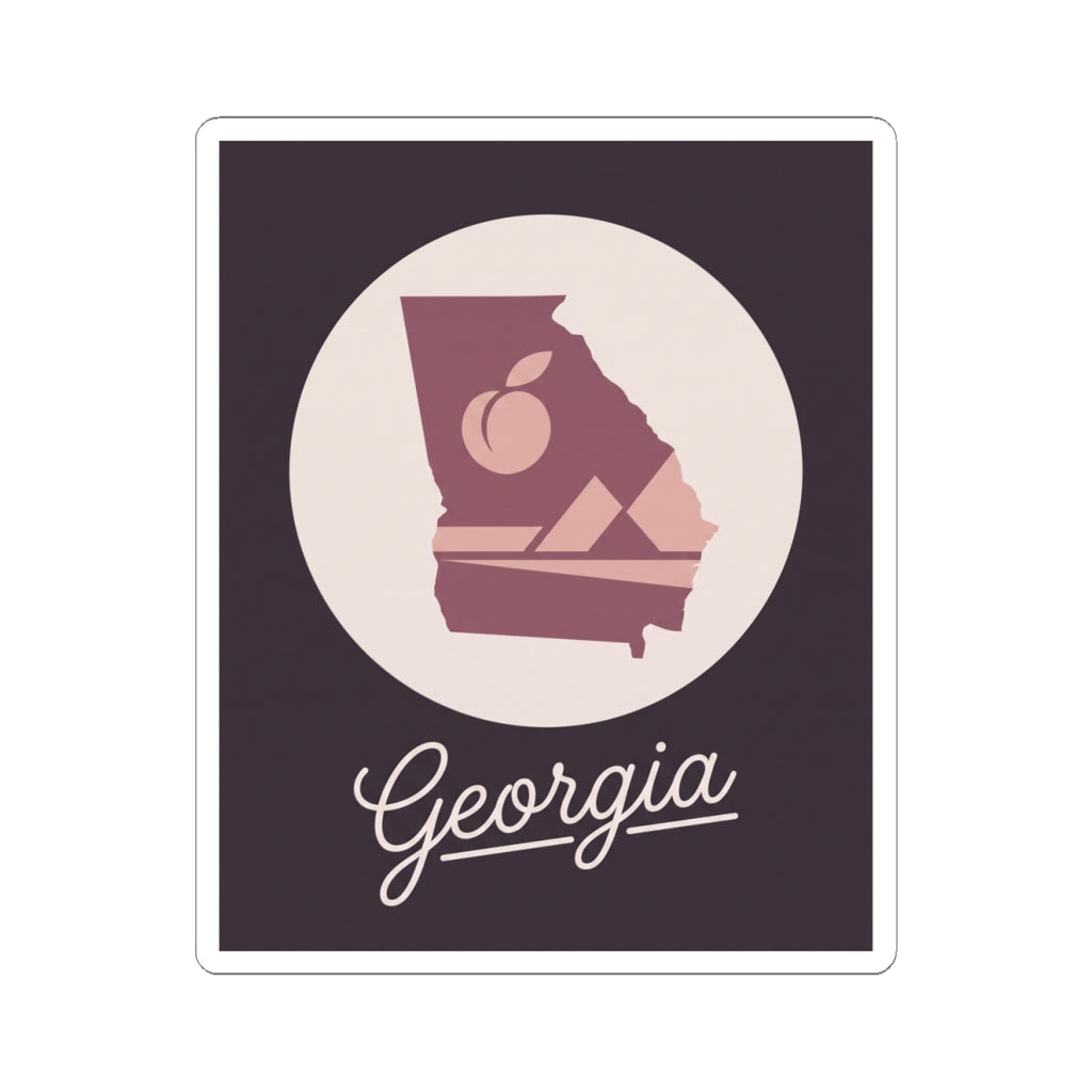 Mauve Georgia state silhouette vinyl decal featuring circle icon and cursive Georgia script