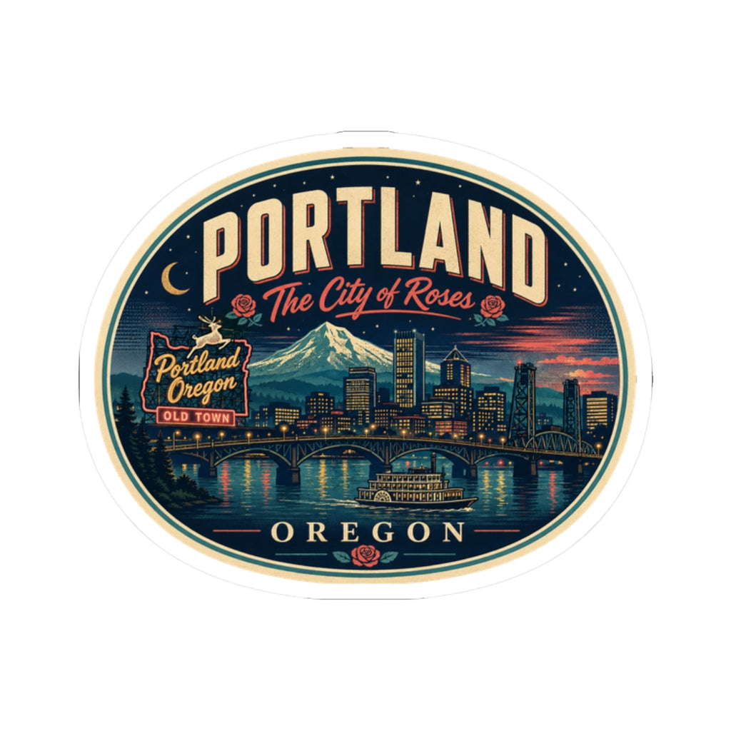 Round PORTLAND Oregon luggage tag sticker with teal skyline, bridge, and decorative border
