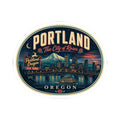 Round PORTLAND Oregon luggage tag sticker with teal skyline, bridge, and decorative border