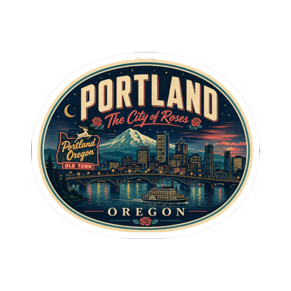 Round PORTLAND Oregon luggage tag sticker with teal skyline, bridge, and decorative border