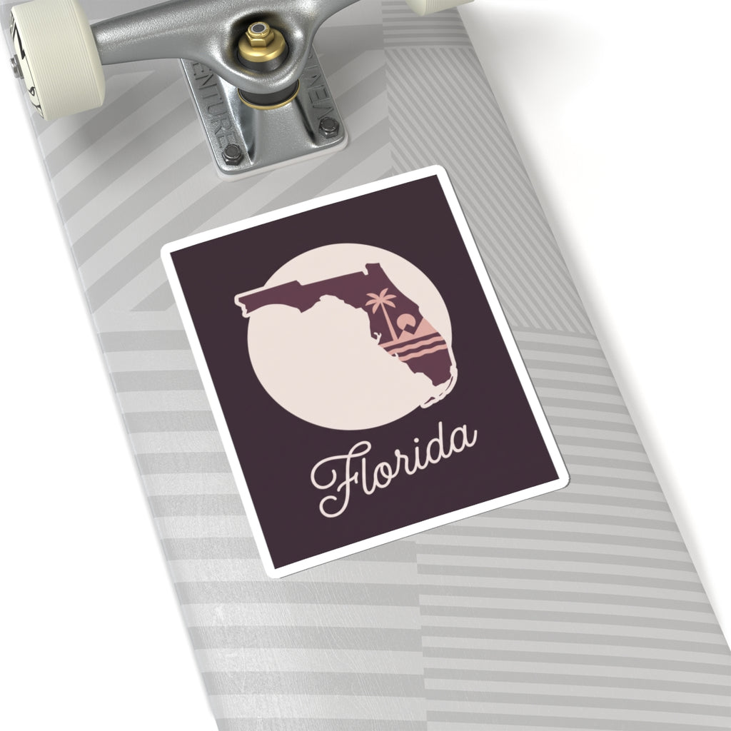 Florida silhouette kiss-cut vinyl decal sticker, mauve square with cream state and 'Florida' script