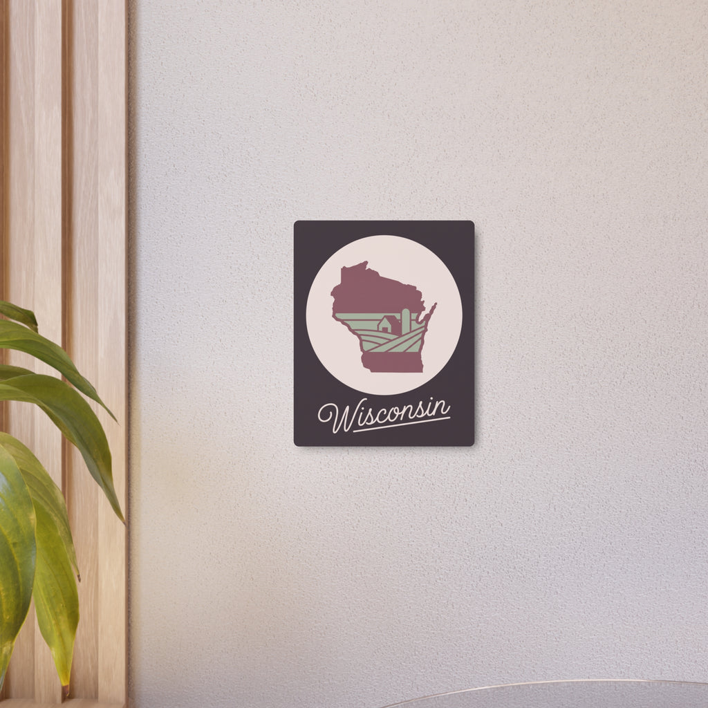 Maroon Wisconsin state silhouette metal wall art sign mounted on wall with script