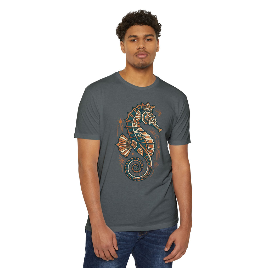 Charcoal gray crew-neck seahorse graphic t-shirt with colorful mosaic-style print on chest