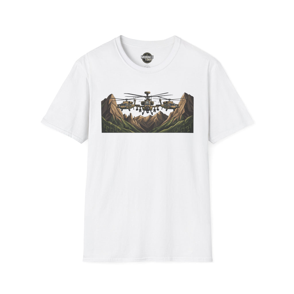 Military helicopter landscape graphic T-shirt, white tee with chest print