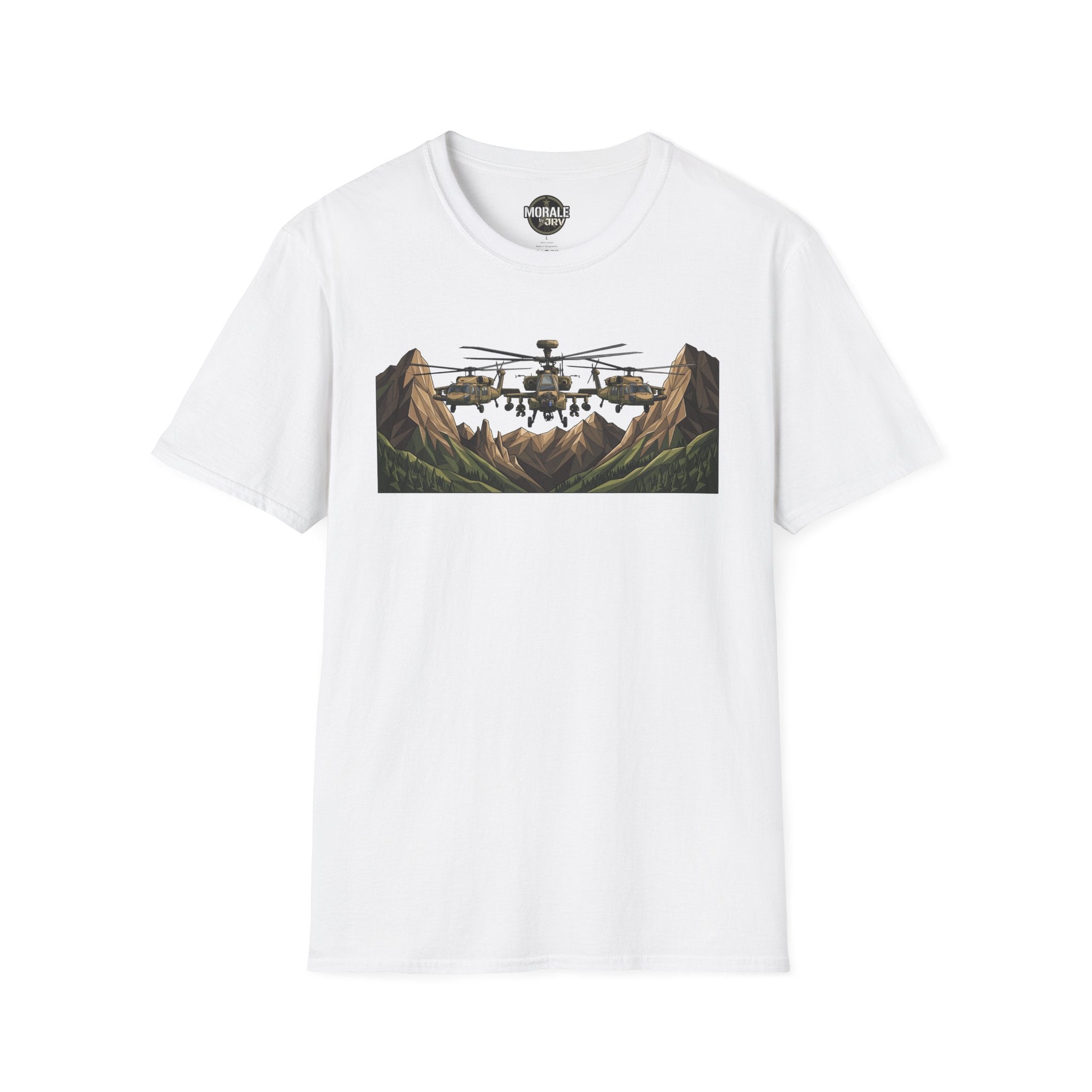 Military helicopter landscape graphic T-shirt, white tee with chest print