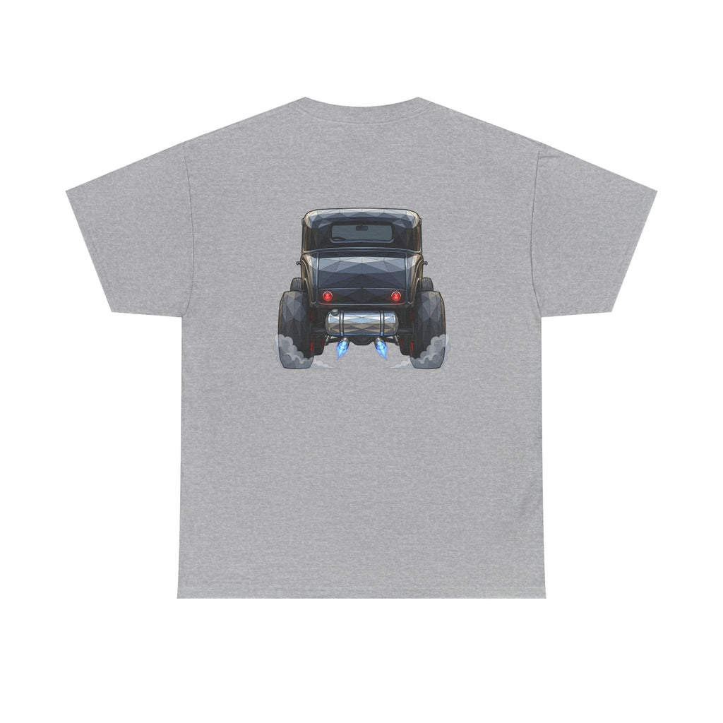 Sport grey T-shirt with vintage hot rod rear graphic on the back center