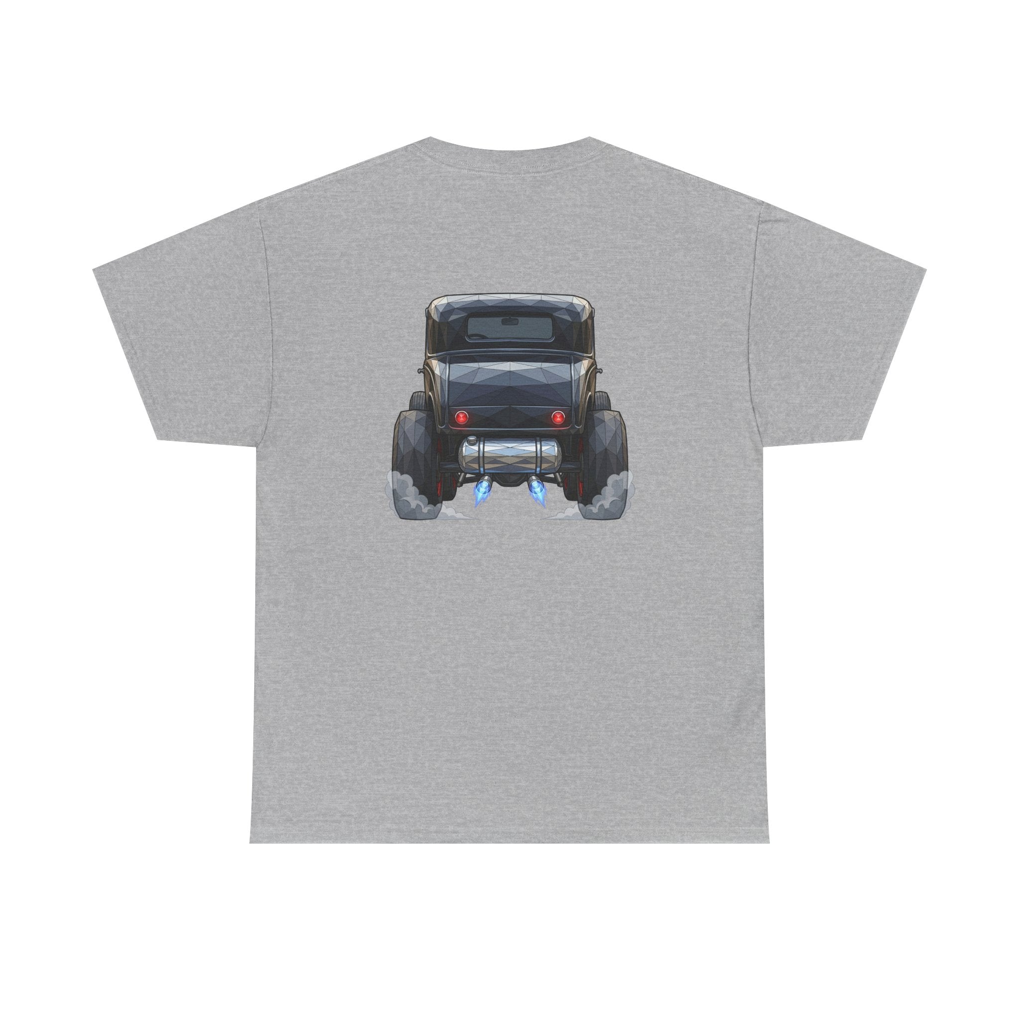 Sport grey T-shirt with vintage hot rod rear graphic on the back center