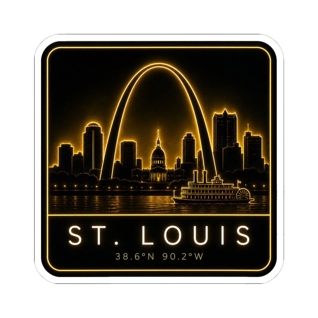 St. Louis neon skyline kiss-cut sticker with glowing arch and “ST. LOUIS” lettering.