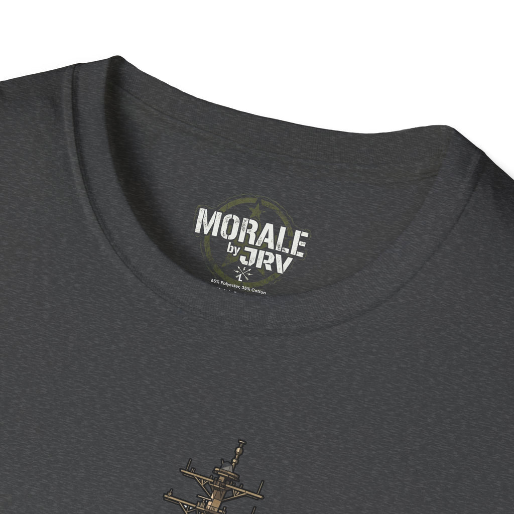 Dark charcoal T-shirt neckline with “MORALE by TRV” logo