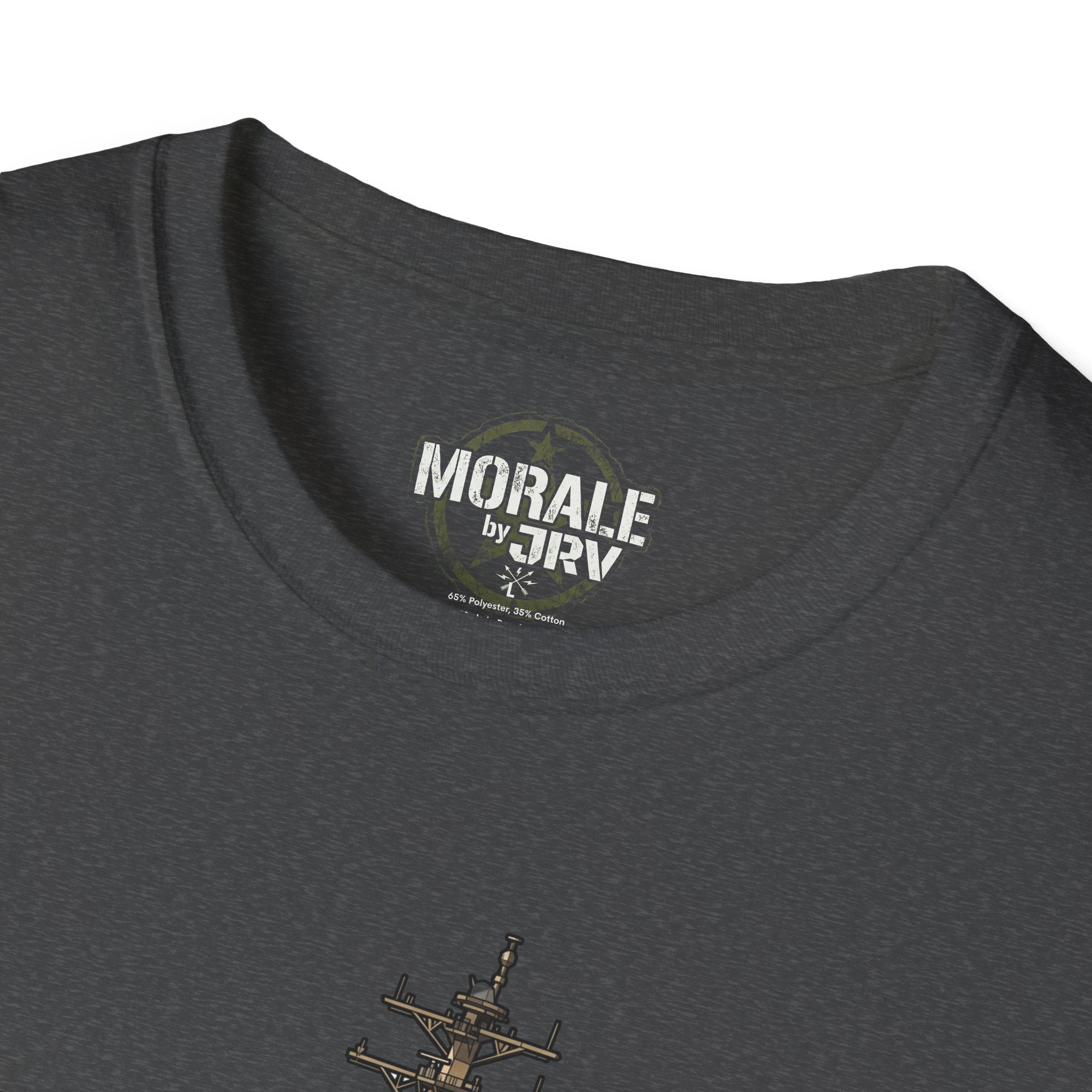 Dark charcoal T-shirt neckline with “MORALE by TRV” logo