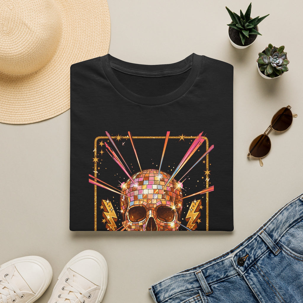 Black unisex t-shirt with colorful disco ball skull graphic on the front.