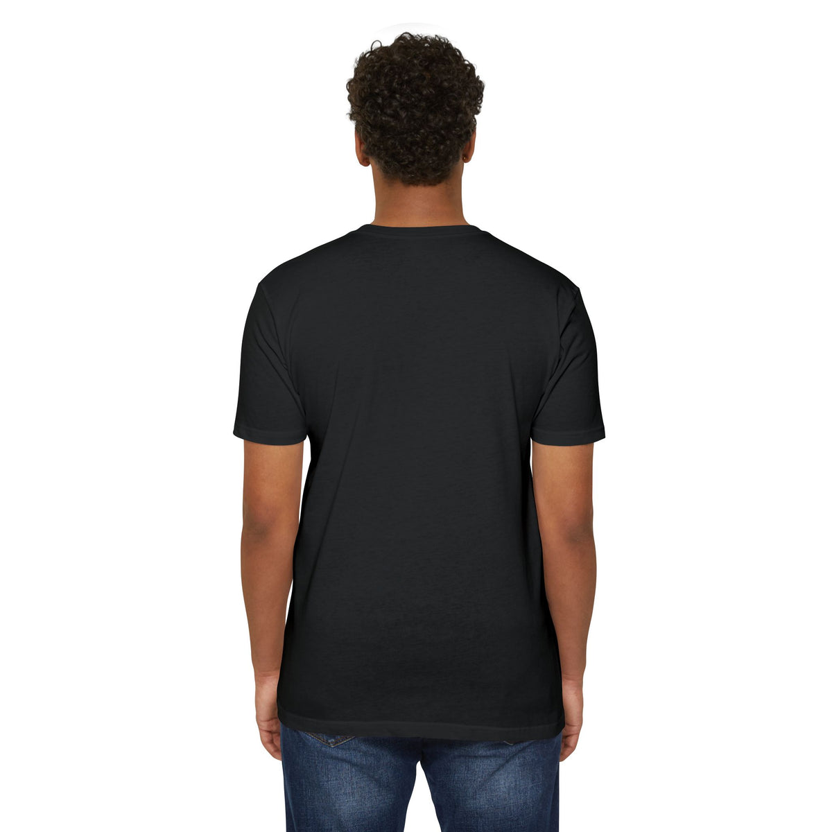 Black unisex T-shirt, plain back view with crew neck and short sleeves
