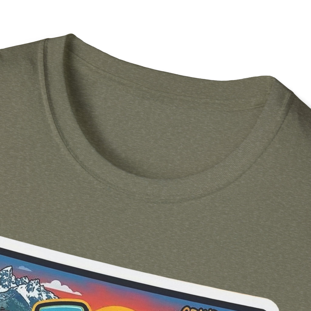 I Am Wyoming T-shirt, heather military green crew neck close-up