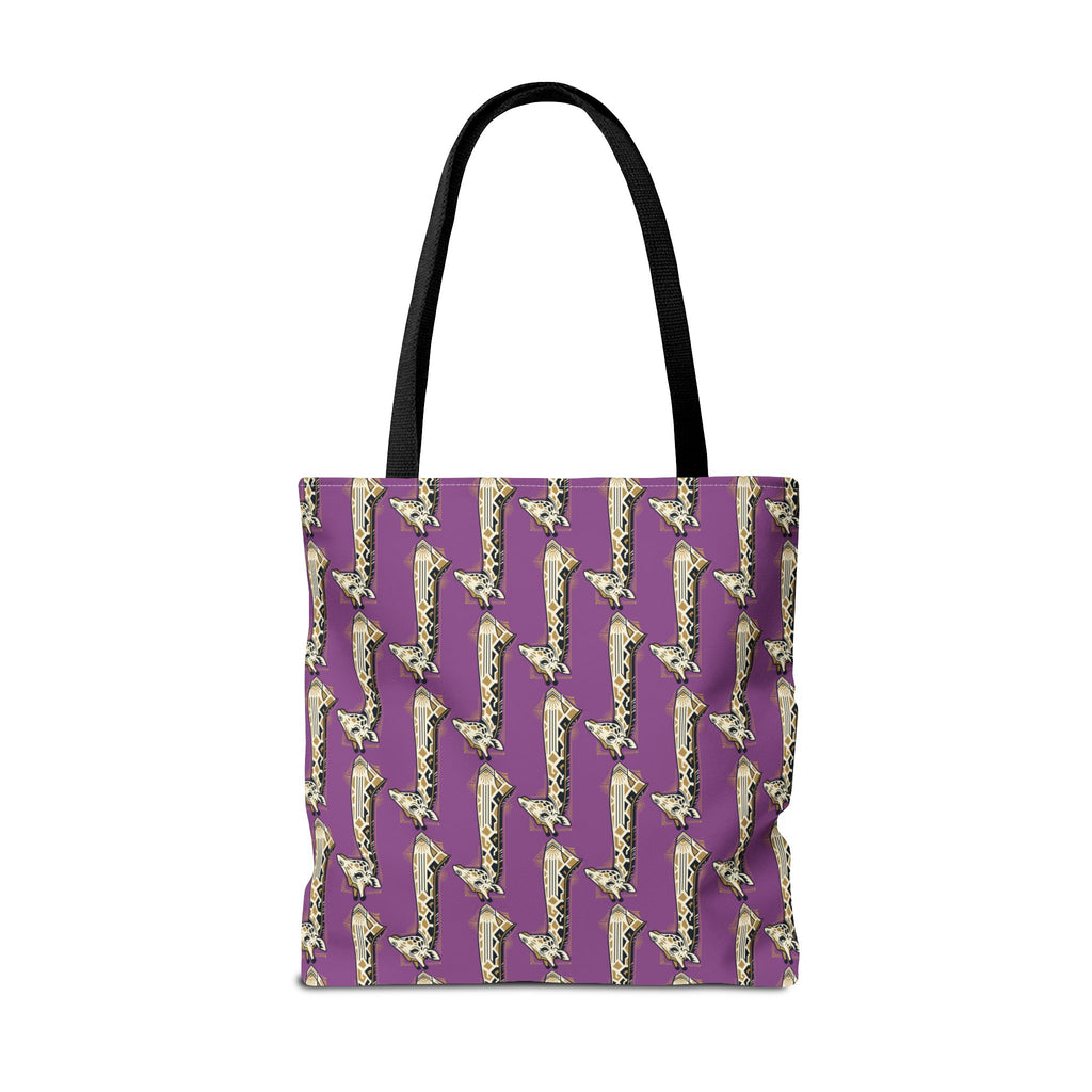 Purple tote bag with saxophone pattern, black top handles.