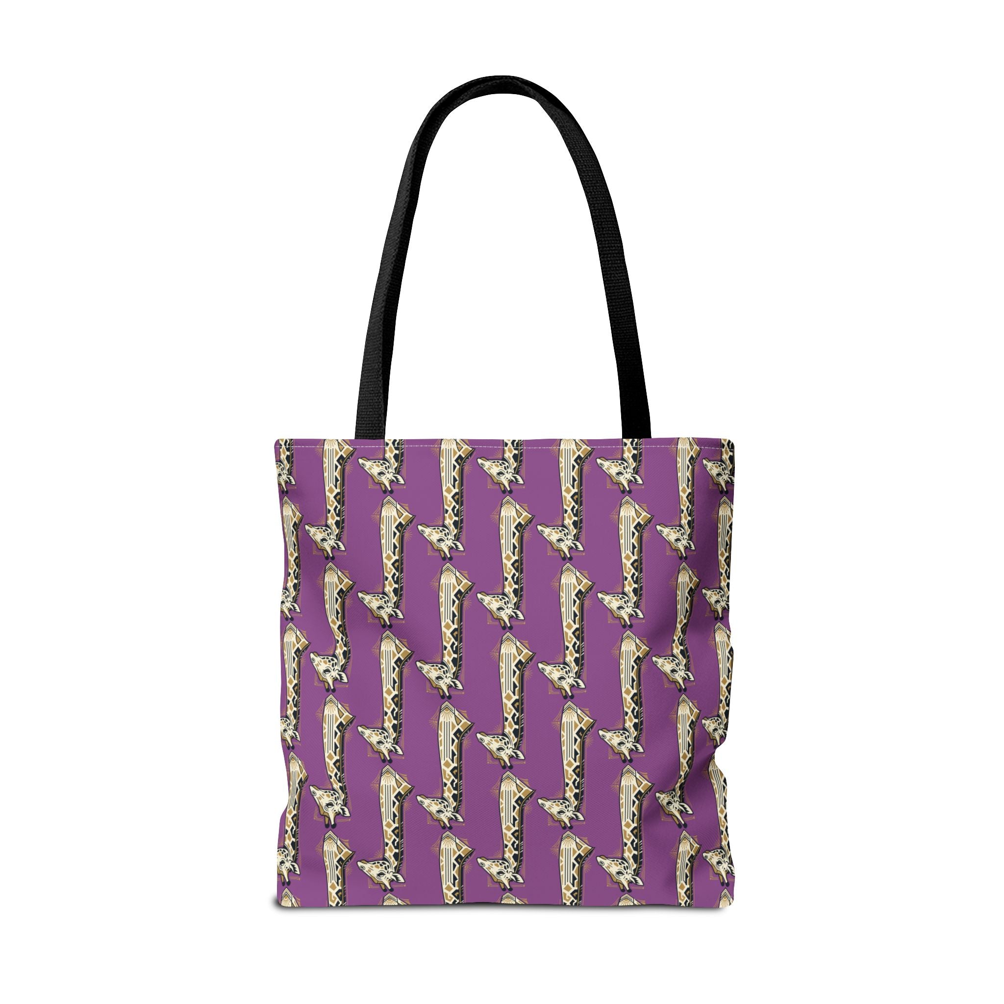 Purple tote bag with saxophone pattern, black top handles.