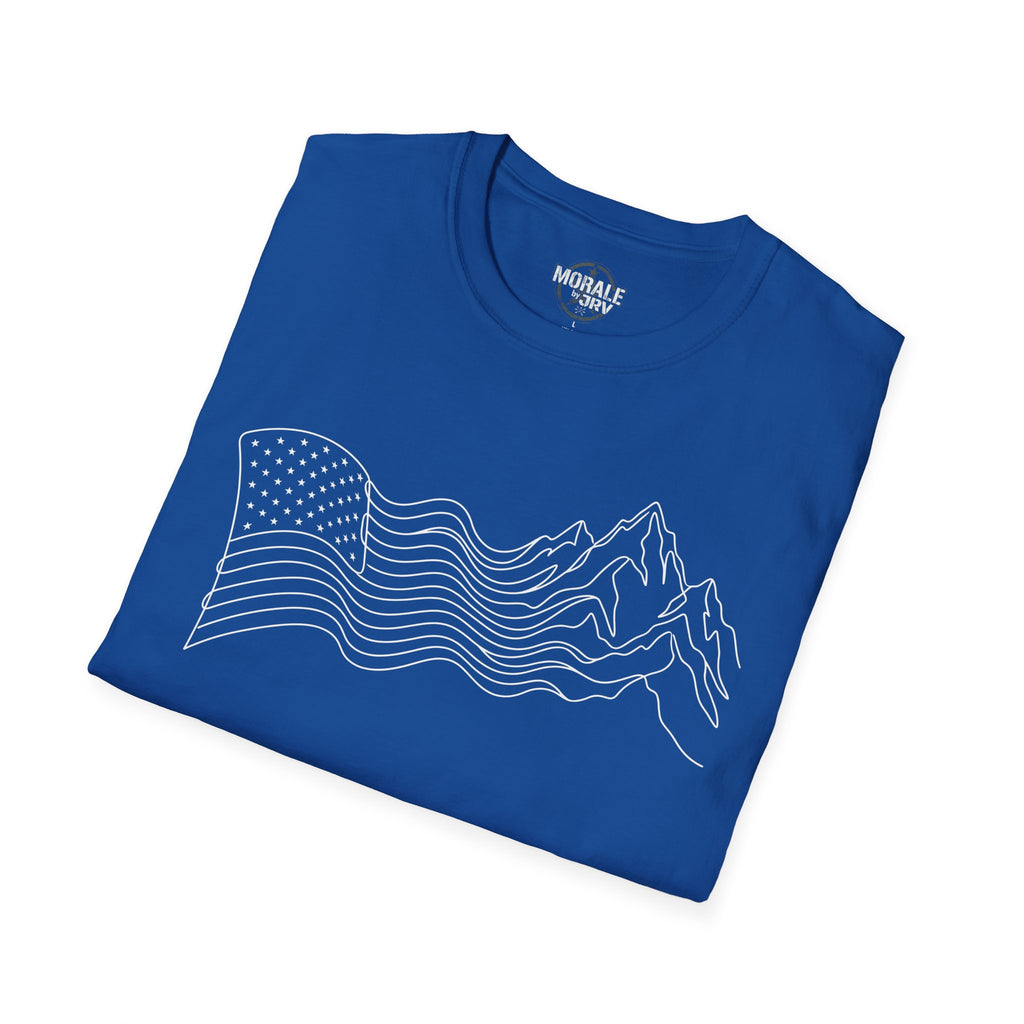 Royal blue T-shirt with mountain and wave line art with stars-and-stripes section