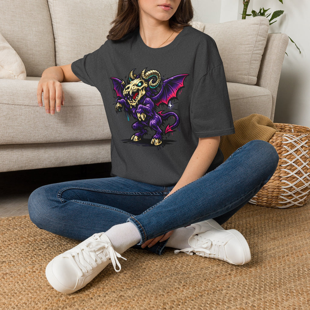 Charcoal gray graphic T-shirt with purple bat-skull ram creature