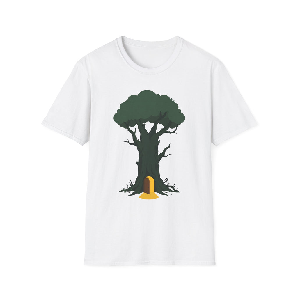 White T-shirt with enchanted tree and yellow door graphic