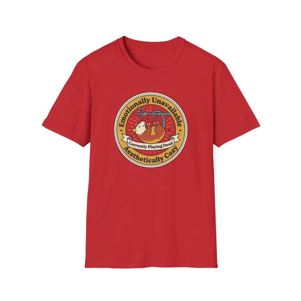Front view red crew-neck T-shirt with round sloth badge graphic