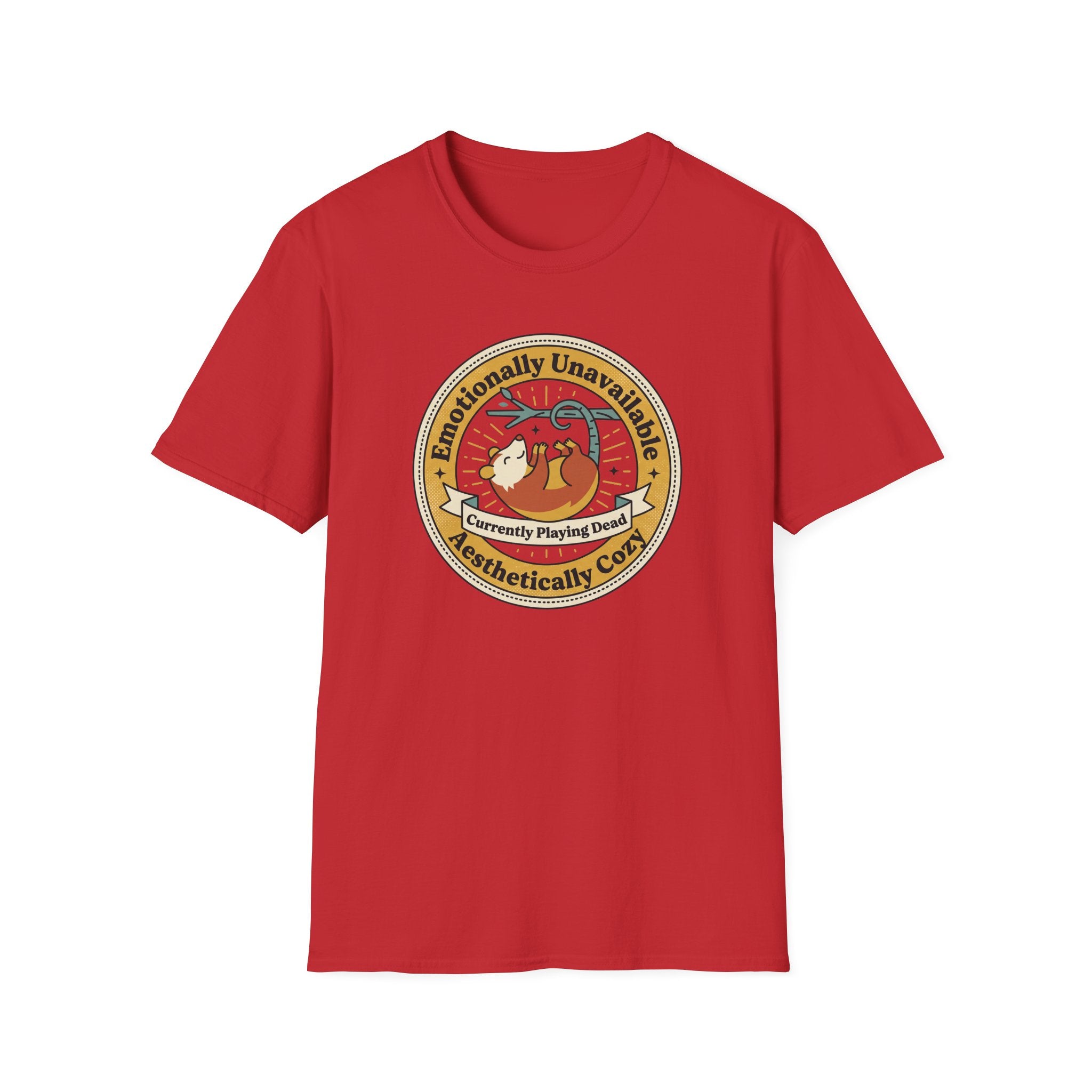 Front view red crew-neck T-shirt with round sloth badge graphic