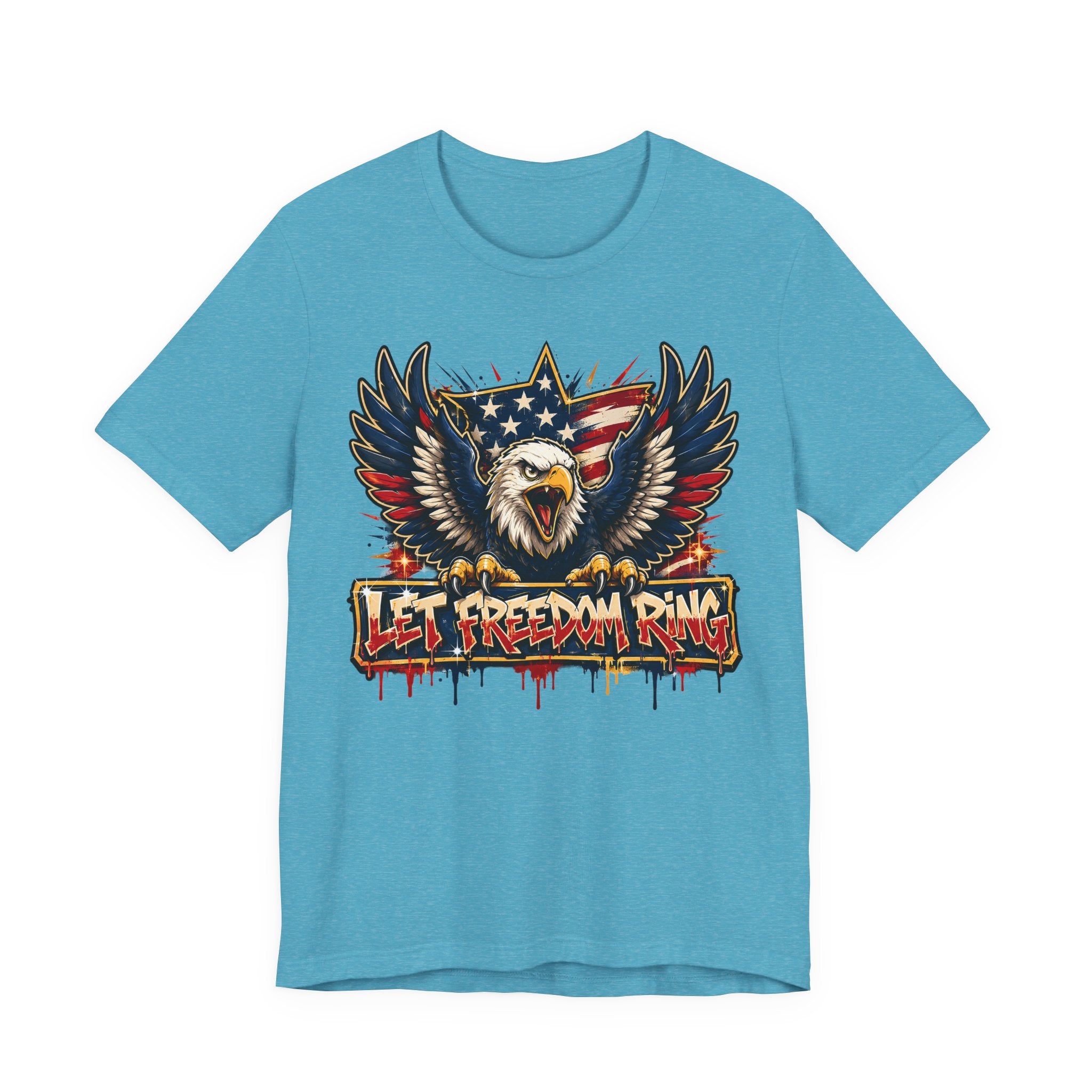 Aqua t-shirt with bald eagle wings graphic and “Let Freedom Ring” text