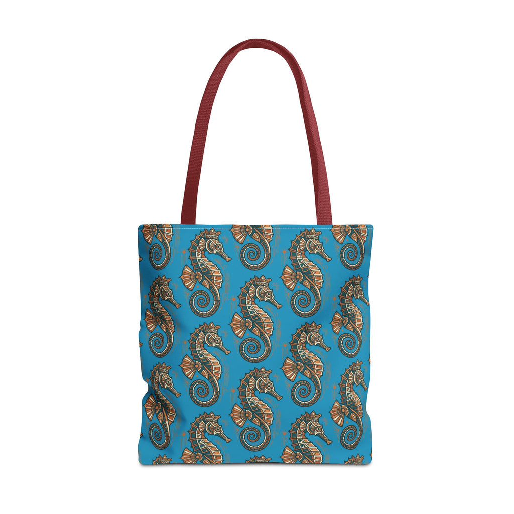 Ocean-blue tote bag with steampunk seahorse pattern and gears, burgundy handles