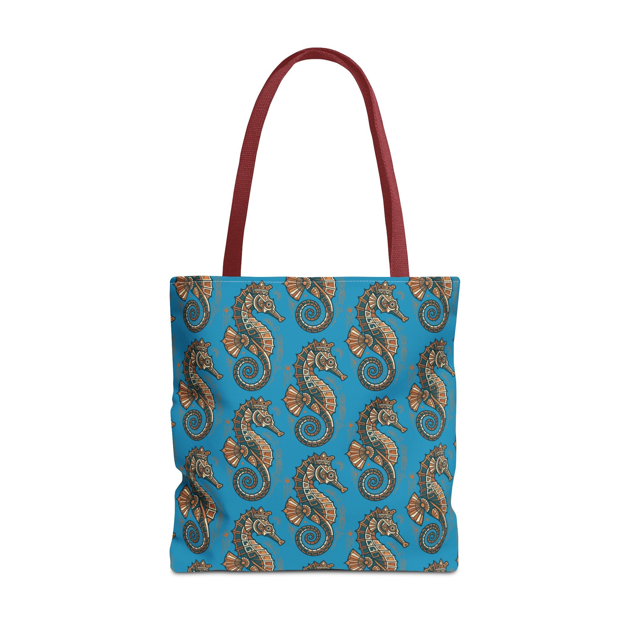 Ocean-blue tote bag with steampunk seahorse pattern and gears, burgundy handles